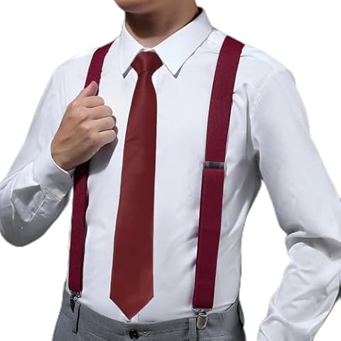 KOOELLE Unleash Style with Burgandy Suspenders & Burgandy Tie Suit Adjustable elastic Y-shaped back sling - Perfect for Men & Women Cover