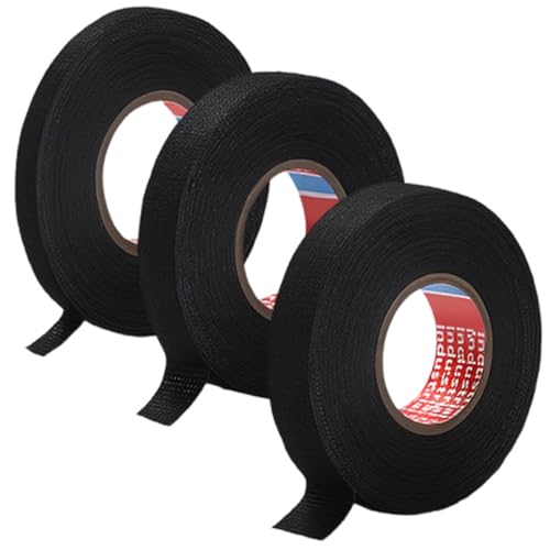 QOMJUFA 3 x cinta negra para cables, cinta de tela para arneses, adhesivo fuerte, impermeable (9mm x 15m, 15mm x 15m, 19mm x 15m)