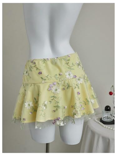 SweatyRocks Women's Floral Embroidery Mesh Ruffle Mini Skirt Low Waist Boho Summer Flared Skirts2