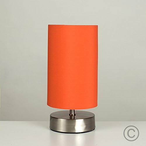 MiniSun Modern Brushed Chrome Touch Dimmer Bedside Table Lamp with Orange Cylinder Light Shade - Complete with a 5w LED Dimmable Candle Bulb [3000K Warm White]