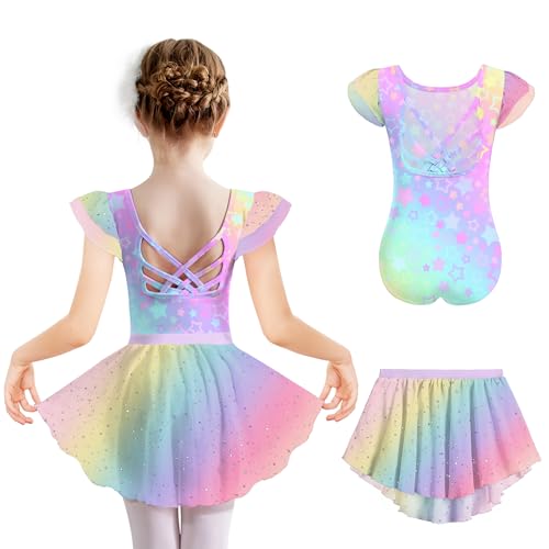 Arshiner Mädchen Ballettkleid Kurzarm Ballettkleidung Baumwolle Rückenfrei Balletttrikot Kinder Tanzkleid Sommer Glitzer Ballettanzug Zweiteilig Tanzbody mit Tütü Regenbogen 140/6-7 Jahre