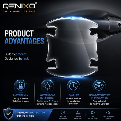 Image of Qenixo Universal Car Door Handle Protector & Vehicle Door Decal Self-Adhesive Transparent PU Scratch-Guard Vinyl Sticker for Paint Protection Decorative Automotive Graphic Wrap Universal Fit Pack of 4