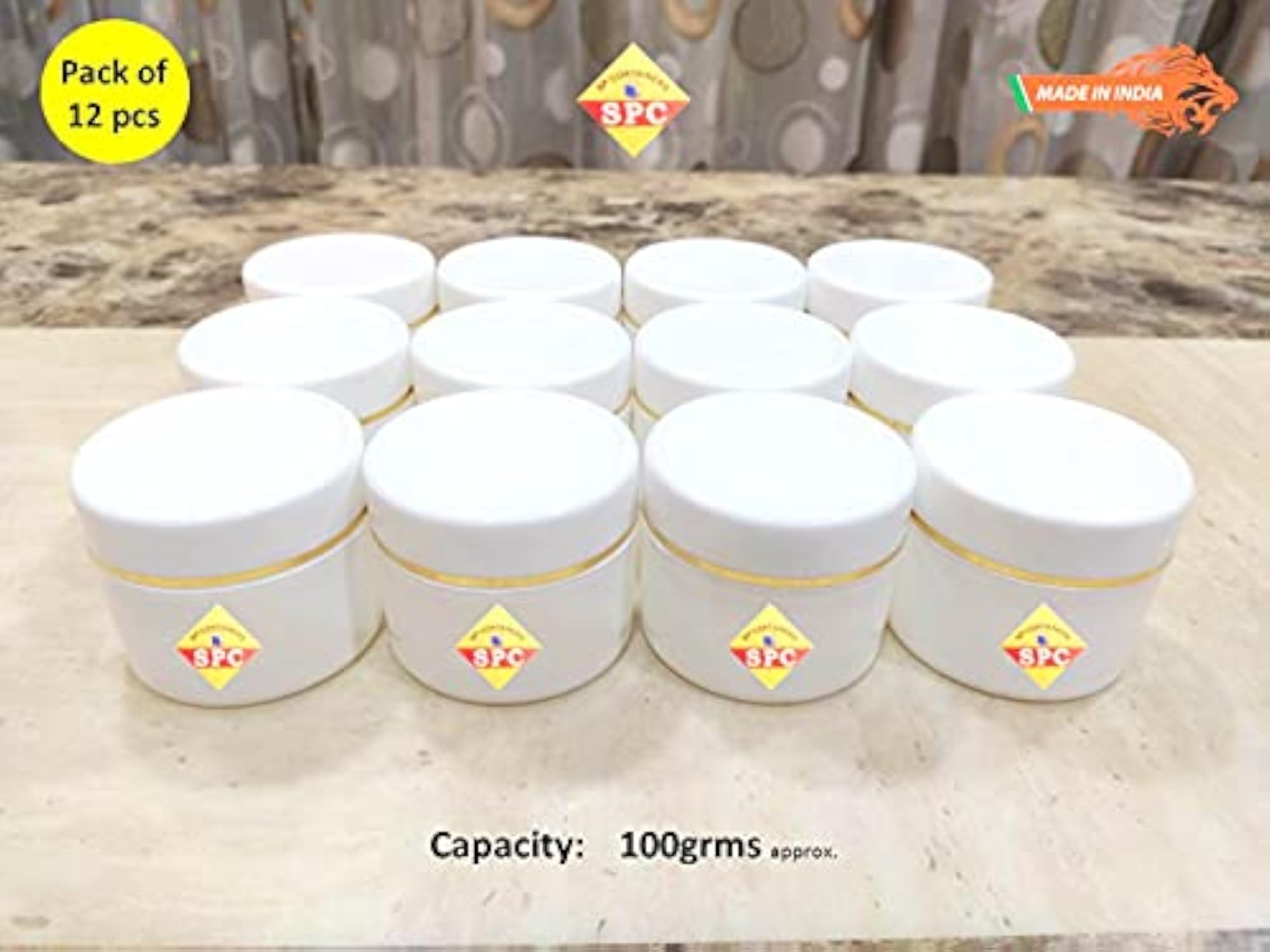 Empty Plastic White Cosmetic Jar Container with Golden Streaks Lid