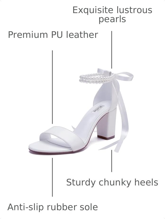 Image of Pearl Wedding Shoes Open Toe Block Heel Wedding Sandals Chunky Heel Bridal Shoes