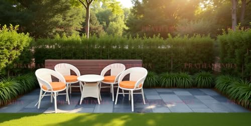Image of India Outdoor Indoor 4+1 Piece All Weather Wicker Patio Chair and Table Set with Iron Frame for Balcony Garden Poolside Deck (Cream with Light Orange Cushion)