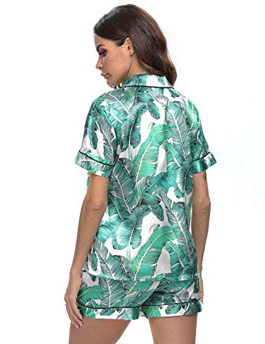 Image of SWOMOG Womens Pajamas Set Silk Satin Sleepwear Short Sleeve Nightwear Button Down Pj Loungewear