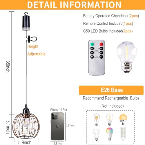 TWINKVILLA - Hanging Light Battery Operated, Outdoor Chandelier with Warm White LED Bulb for Patio, Tree, Pergola, Gazebo, Porch (Bead Ball, G50-2pcs)