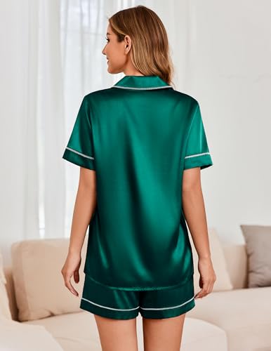 Image of Ekouaer Womens Satin Silk 2 Piece Pajamas Set Short Sleeve Sleepwear | Button Down Top and Shorts Loungewear Set for Sleep, Home, Wedding, Travel, Party, Daily Wear & Great for Sharing