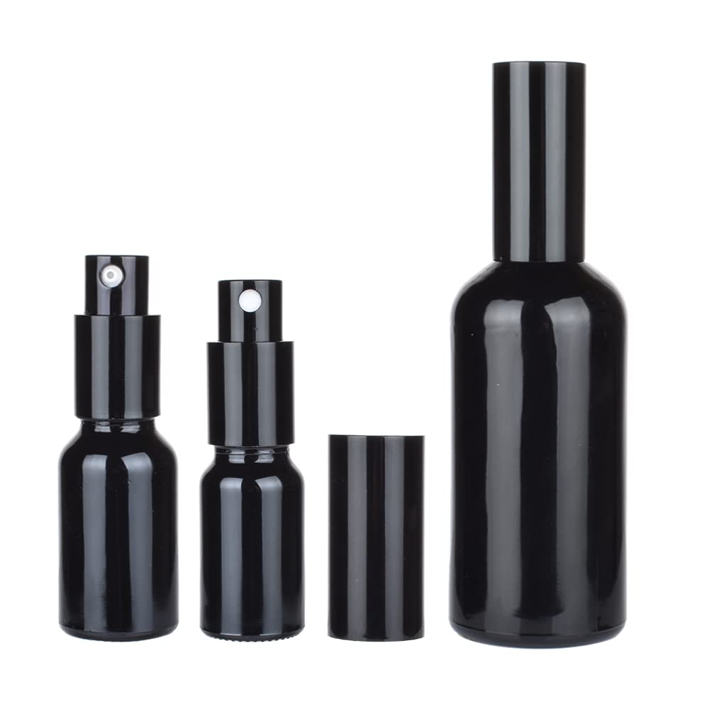 12 pezzis 15ml Flacone Spray in vetro Brillante Nero & 2 pezzis imbuto, 15 ml Spruzzatore liquido, Bottiglie Vuote Riutilizzabile da Viaggio Contenitori per Profumo Pulizia della Casa
