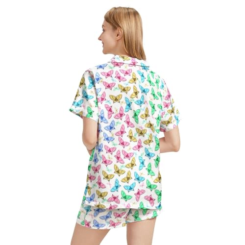 Image of Funny Pajamas for Women Set Print Satin Loungewear Pjs Short Sleeve Button Down Top and Shorts Sets Sleepwear XS-3XL