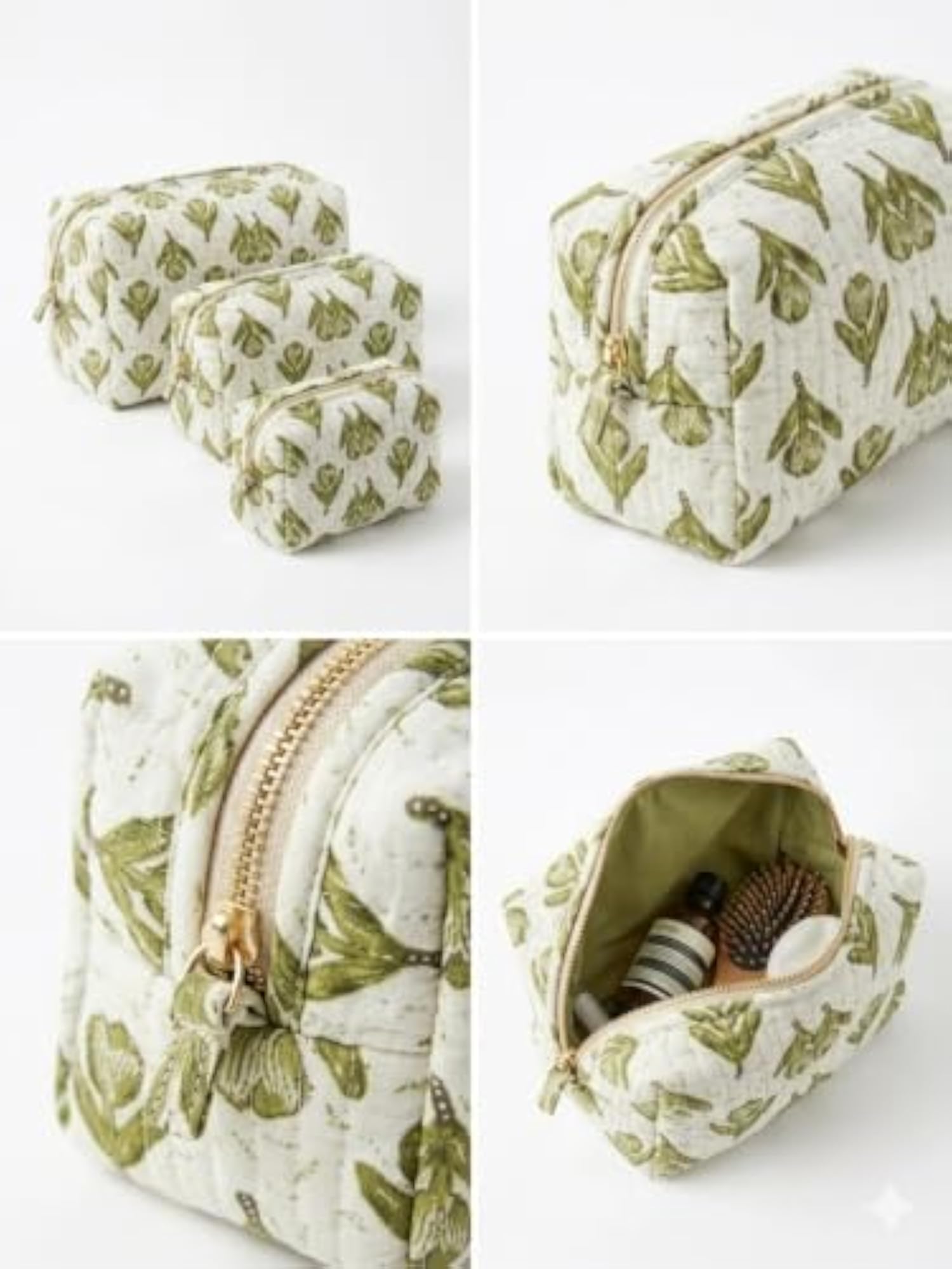 Quilted Block Print Cosmetic Pouch Set of 3 Cotton