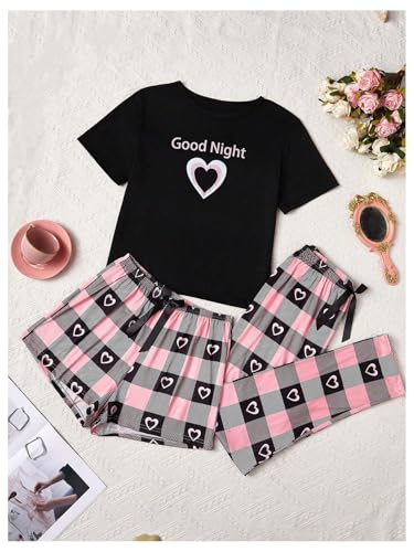 WDIRARA Women's 3 Piece Plaid Heart Print Pajama Set Short Sleeve Tee Lounge Shorts and Pants Sleepwear3