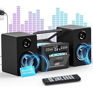 Greadio Stereo System for Home with Boombox CD and Cassette Player Combo, 40W Home Stereo System with Bluetooth, FM Radio/USB/TF/AUX/Remote Control, Detachable Wooden Bookshelf Speakers