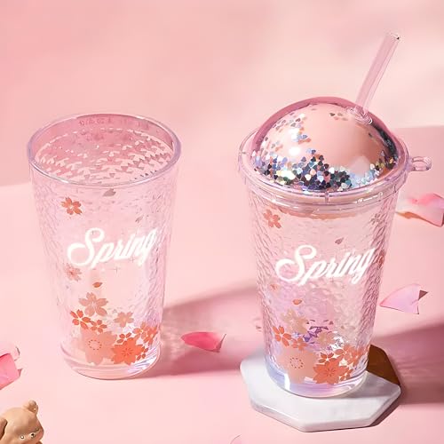 Image of Drinking Glasses Tumbler with Plastic Gliter Lid and Straw - 450ml, Set of 1, Travel Sipper Bottle for Juice Cocktail Iced Tea Coffee Smoothie Hot Cold Drink Cup Home & Travel