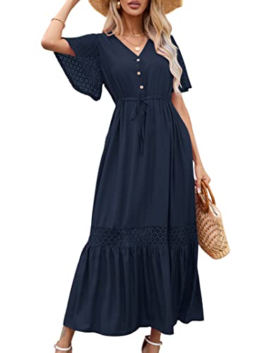 KOJOOIN Damen Sommerkleid Spitze Kurzarm Maxikleider Boho Strandkleid lang Rüschen Volant Kleid V-Ausschnitt Freizeitkleid mit Knöpfen Partykleid...