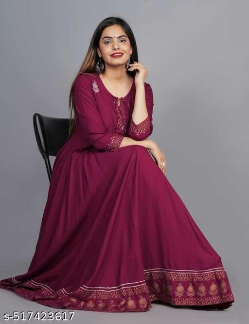 Image of Women's Printed Rayon Anarkali Kurti with 3 /4 Sleeves - Perfect for Festive, Party
