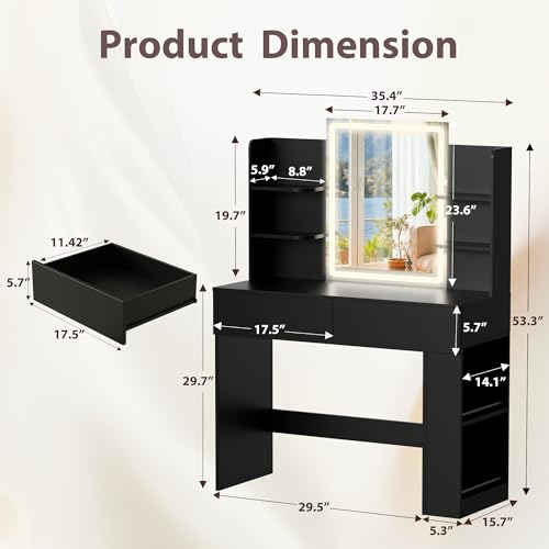 Image of Furmax Vanity Desk with Mirror and LED Lights, Black,No Bench