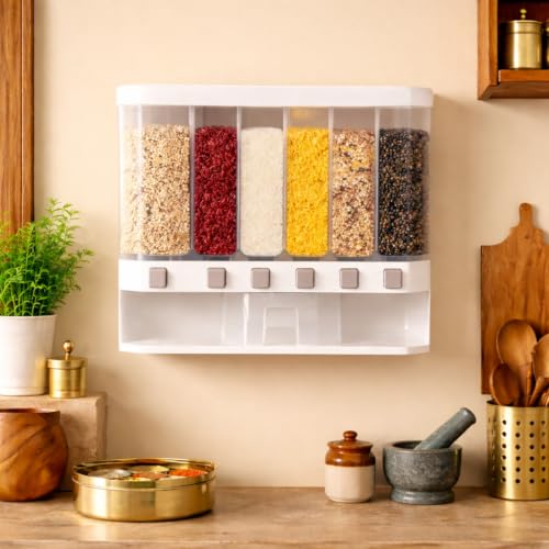 Image of Plastic Space-Saving 6 Grid Wall Mounted Food Dispenser Dry Food Storage Organizer for Rice Nuts Grains Snacks Coffee and Candy.