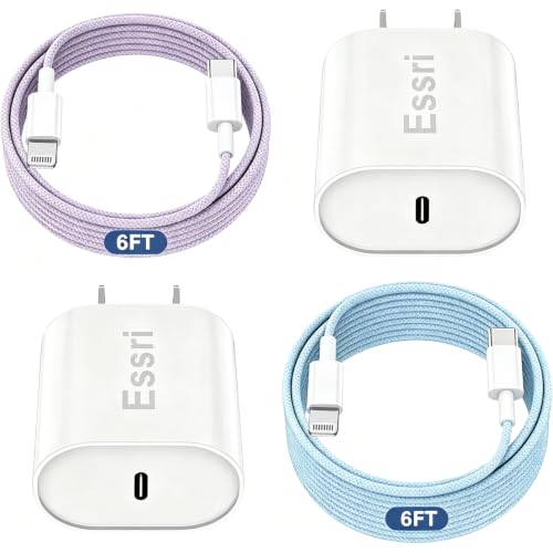 Image of Essri Phone Charger Fast Charging 6 FT,2-Pack 20W PD USB C Block with iPhone 14 13 Charger Cable 6 Foot, Compatible with iPhone 14 Pro 13 Pro Max 12 11 Pro Mini,Blue+Purple