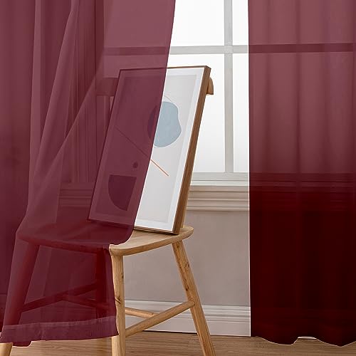 Image of Simplebrand Rod Pocket Top Solid Voile Sheer Curtains for Bedroom, 54 Inch Length Drapes Set of 2, Lightweight and Light Filtering Elegant Red Curtains Panels Window Treatment, 42Wx54L, Burgundy