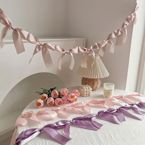 Image of Dusty Pink Bow Garland, Pre-Assembled 6 ft - Single Accent Decoration for Bridal Shower, Baby Shower & Birthday Parties | Soft Matte Satin Bows (Dusk Rose)