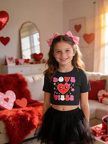 Image of Girls Valentine T-Shirts Crop Tops Short Sleeve Shirts Little Kids Love Heart Graphic Tees