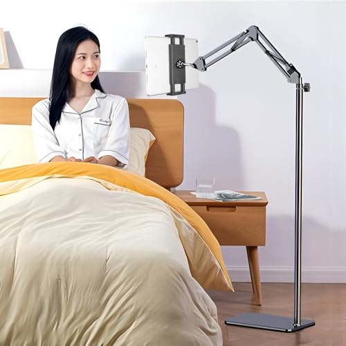 Tablet Floor Stand with 7.2 lb Weight Base, Overhead Bed Phone Mount Height Adjustable Arm Stretchable Stand Holder, Compatible with iPad Mini Air Pro, Galaxy Tab, Kindle, Switch, Cell Phones
