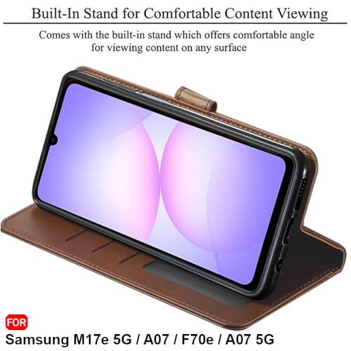 Image of TheGiftKart Flip Cover Back Case for Samsung Galaxy M17e 5G / A07 / F70e / A07 5G | Genuine Leather Finish | Designer Button | Inbuilt Pockets & Stand | Flip Back Cover Case (Faux Leather, Brown)
