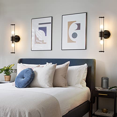 Image of Bathroom Sconce Wall Lighting - Black Bathroom Vanity Light Fixture Vertical and Horizontal Wall Mount 2-Light Modern Indoor Wall Light for Hallway Living Room(E12 Bulbs Excluded)