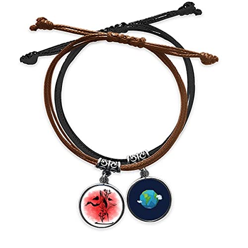 Pulsera de grulla japonesa en cuero rojo artesanal y cordon amuleto estilo oriental unisex
