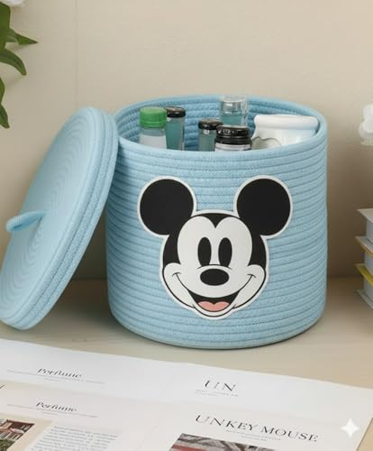 Image of Jute Basket For Storage Cotton Rope Toys Basket With Lid Handwoven Natural Foldable Laundry Hamper for Home, Office, Living Room Size 10x10 inch (aqua micky)