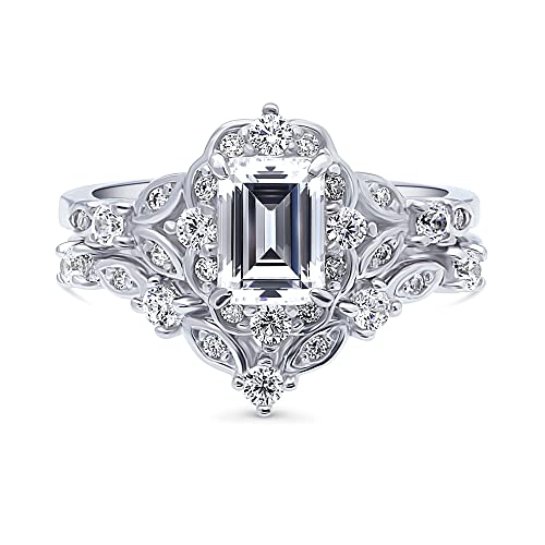 BERRICLE Sterling Silver Halo Wedding Engagement Rings Step Emerald Cut Cubic Zirconia CZ Wishbone Ring Set for Women, Rhodium Plated Size 4-102