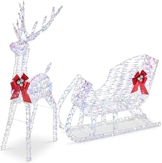 Best Choice Products Lighted Christmas 4ft Reindeer & Sleigh Holiday Outdoor Yard Decoration Set w/ 205 LED Lights, Stakes, Zip Ties - Iridescent