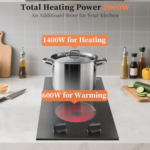 2 Burner Electric Cooktop - 110v Countertop and Built-in Electric Stove 2000W, 12 Inch Ceramic Stove with Residual Heat Indicator, Over-Temperature Protection, Knob Control, 110-120V Plug in