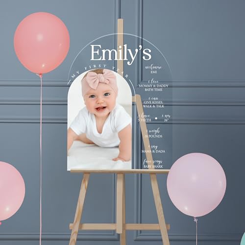 Custom My First Year Birthday Milestone Acrylic Sign with Baby Photo, Customized One Year Baby Photo with Milestone Board Sign for Birthday Party Decoration, Babies Keepsake Nursery Decor, D4