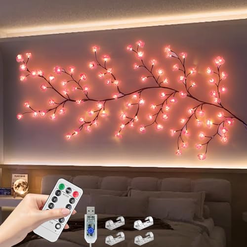 Branches de fleurs de cerisier LED - 180 cm - 96 LED - Décoration murale - Guirlande lumineuse en rotin blanc chaud avec 8 modes et télécommande -...