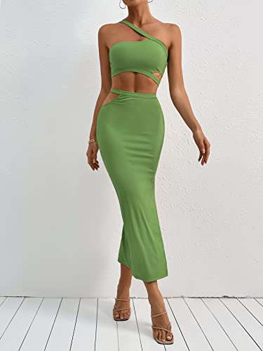 Makemechic Women's 2 Piece Outfits Cut Out One Shoulder Crop Top And Split Long Skirt Set Green L #TOP4
