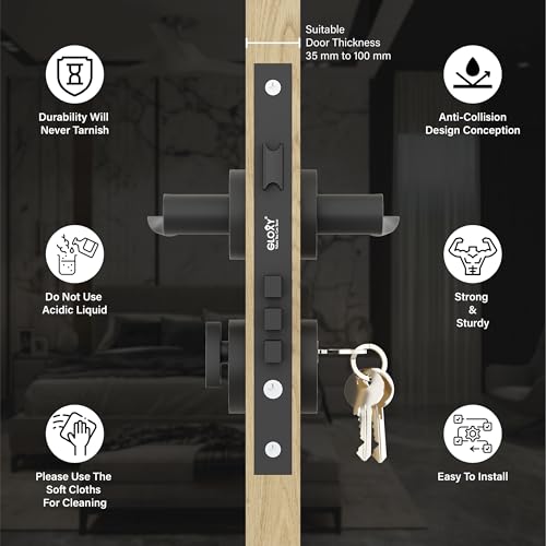 Image of GLOXY Mortise Door Locks for Main Door, Doorset for Bedroom, Mortise Door Lock Set, Door Lock Handle Set with 3 Brass Key for Home, Kitchen| Black Finish (2 Years Warranty, Pack of 1)