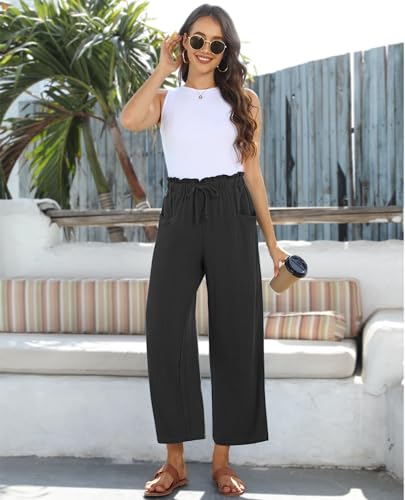 Image of siliteelon Wide Leg Linen Pants for Women Summer Capri Palazzo Flowy Pants Casual Loose High Waist Trousers with Pockets