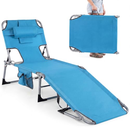 GYMAX Tanning Chair with Face Hole, Sun Bathing Lounge Chairs for Outside with Side Pocket, Folding Portable Face Down Layout Tanning Chair Beach, Backyard, Poolside, Lawn (Blue,1)