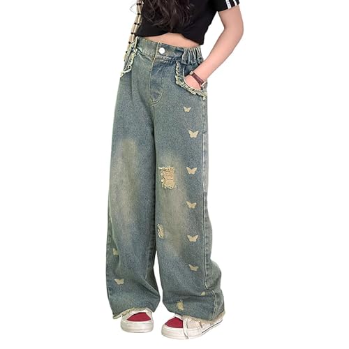 Little Girls Ripped Jeans Kids Raw Hem Bow Print Denim Pants Youth Wide Leg High Waisted Buttons Strechy Fashion Y2K Clothes