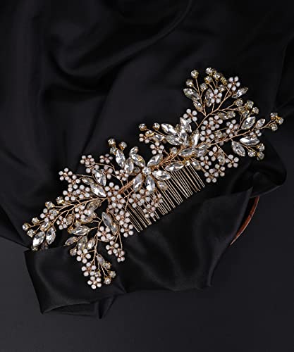 Peine para boda Denifery Gold con cristales y flores miniatura 6