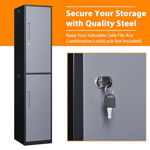 Image of Metal Locker with 2 Doors, 71 inch Storage Lockers for Employees, Home, Office, Gym (Grey Black)