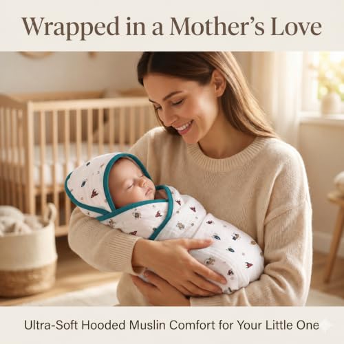 Image of Premium 2 Layer - Four Ply Muslin Cotton Hooded Baby Towel | Super Soft, Ultra Absorbent Bath Towel for Newborns & Infants | Large Size Hooded Wrapper for Boys & Girls (White)