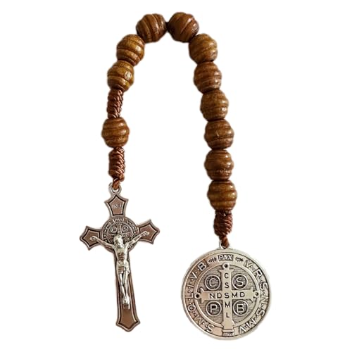 Saint Benedict Medal Prayer Pocket Rosary Catholic Brown Wood Beads with Medalla de san benitol and Crucifix, 9 Inch(Silver)