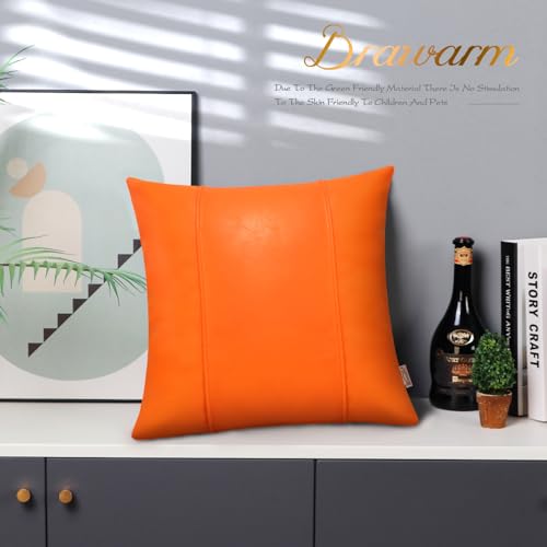 Image of BRAWARM Orange Leather Throw Pillow Covers 18 X 18 Inches - Faux Leather Pillow Cover with Piping, Hand Stitched Leather Throw Pillow for Couch Sofa Bed Living Room Home Decorative