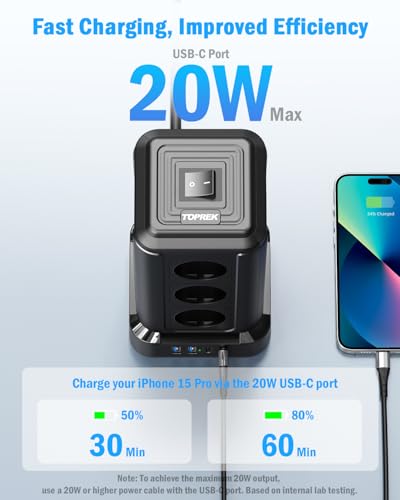 TOPREK Mehrfachsteckdose, 12 Fach Steckdosenleiste mit 4 USB, 20W USB C Schnellladen, 3680W/16A Steckerleiste Multisteckdose Steckdosenturm mit Schalter für Büro Küche Tisch, 2M Kabel 4