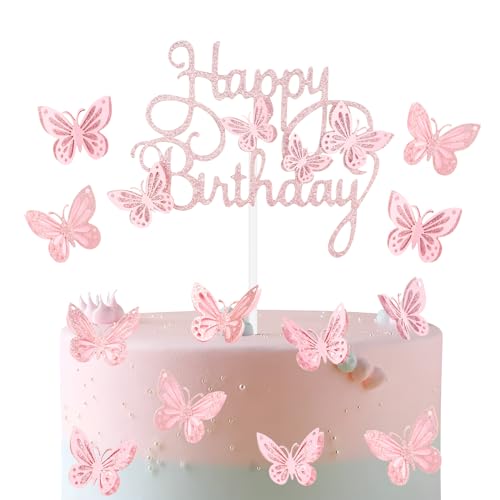 Decoración de pastel de cumpleaños con diseño de mariposa y purpurina rosa, para niñas