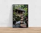 Traditional Japanese House with Garden Wall Art Print featuring stepping stones, tranquil Zen scene for Asian-inspired decor