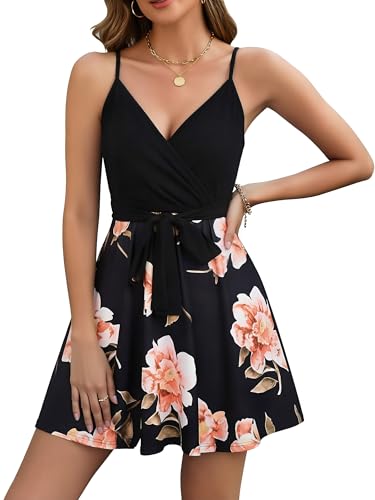Image of ECOWISH Summer Dresses for Women 2026 V-Neck Spaghetti Strap Bowknot Backless Sleeveless Lace Mini Swing Skater Dress